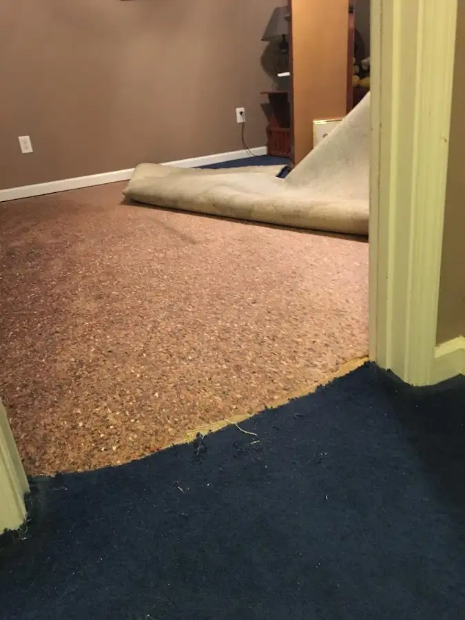 Carpet pad removal revealing water damage during Water Mitigation Services in Hampden