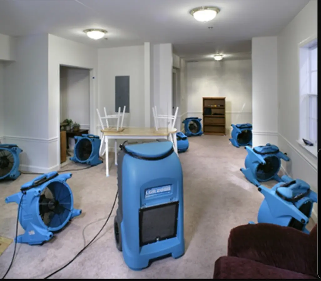 Air movers and dehumidifier setup for Water Extraction & Removal in Hampden